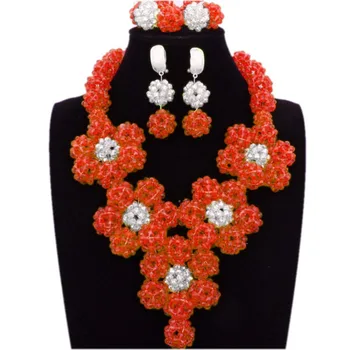 

Dudo Store Necklace Set Bridal Orange Nigerian Wedding Jewelry Set Beaded Balls Tribal Traditional African Bride Set