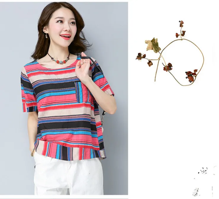 Cotton Linen Blouse Shirt Female Colourful Striped Tops Ladies 2018 New Summer Short Sleeve Women Shirts Rayas Blusas Mujer Mode (9)