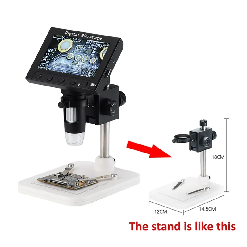 Цифровой электронный микроскоп, 1000х, 5,0 Мп, с USB-разъемом, ЖК-дисплей 4,3 дюйма, микроскоп с графическим видеоадаптером, с 8 светодиодами и подставкой для ремонта ППМ и материнских плат - Цвет: Черный