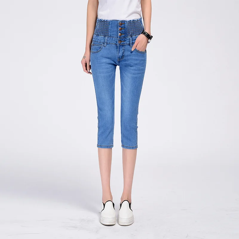 Большие размеры женские джинсы с высокой талией обтягивающие синие джинсы стрейч женские летние бриджи длиной до икры женские джинсовые - Цвет: Небесно-голубой