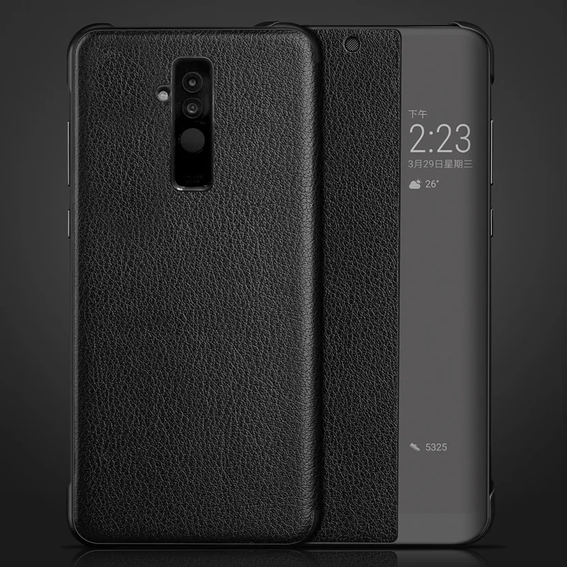 

Luxury Real Genuine Leather Case For Huawei Mate 20 Lite Sleep Wake Up Smart Window View Slim Protective Flip Cover Case