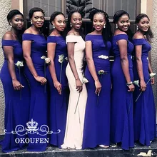 Русалка подружки невесты платья для женщин с короткими рукавами открытыми плечами бусины Королевский Синий Атлас вечерние платье