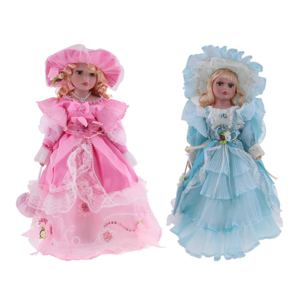 2x 40cm Porcelain Victorian Doll in Dress Suit, Standing Girl Doll with Stand, Valentine Gift, Home Office Desk Table Ornaments