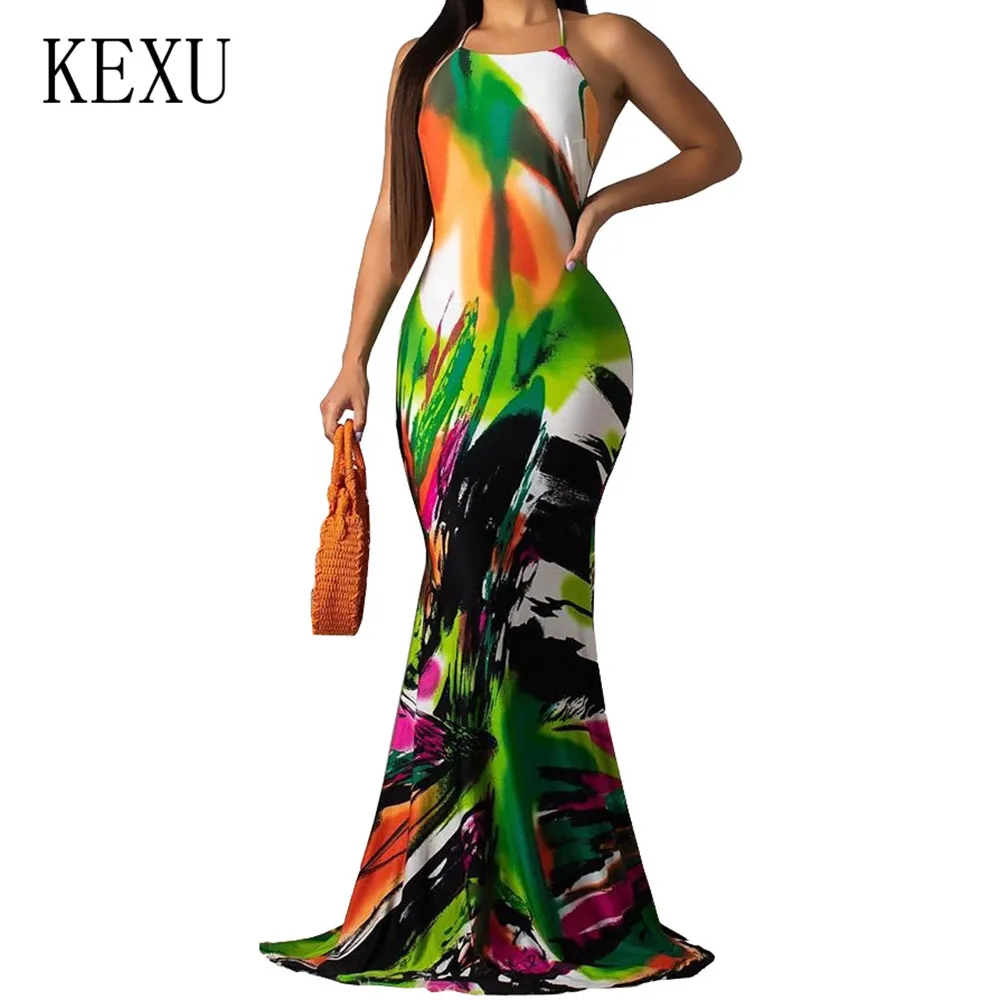 

KEXU Women Printing Party Dress Popular Sleeveless Backless Halter Sexy Long Vestidos Elegant Vintage Hollow Out Maxi Dresses