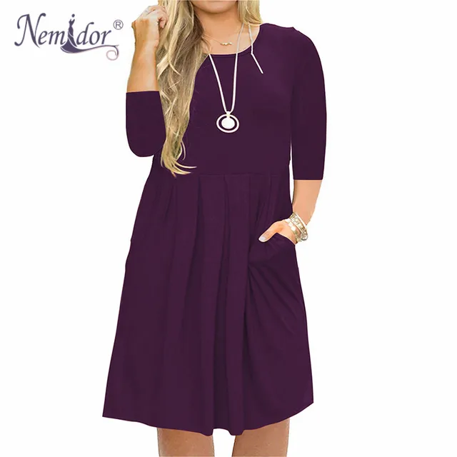 Nemidor 2019 Women Solid O neck 3/4 Sleeve Casual T shirt Dress Plus ...