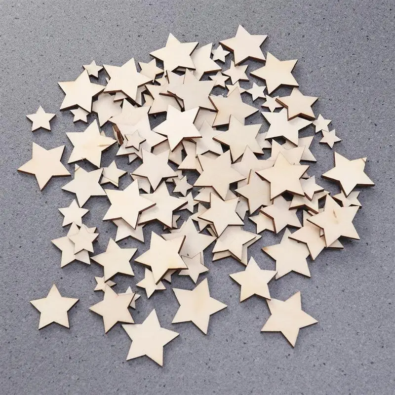 100pcs Unfinished Wooden Stars Cutout Discs Assortment For Patchwork Arts Crafts DIY Decoration Birthday Wedding Display A3
