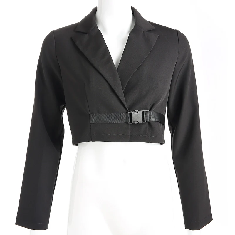 Darlingaga Модный зимний укороченный Женский блейзер с пряжкой, пальто для офиса, кардиган, женские блейзеры и куртки, верхняя одежда - Цвет: black