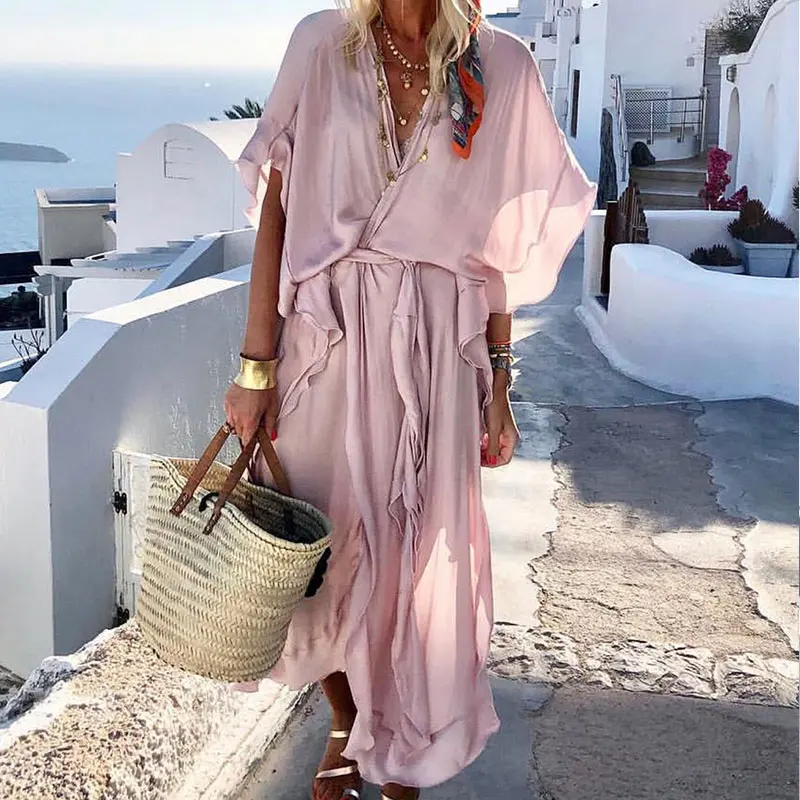 

Chiffon Ruffles Split Women's Maxi Dresses V-Neck Short Sleeve Long Dress Plus Size 2019 Summer Boho Loose Beach Solid Vestidos