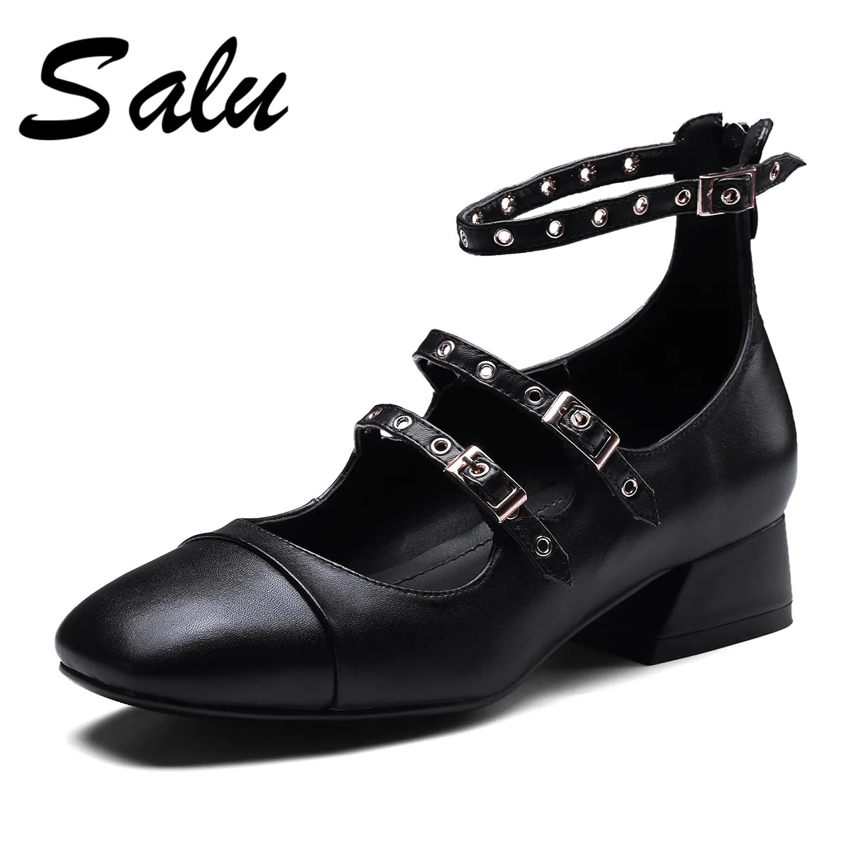 

Salu shoes women 2019 spring new fashion sexy genuine leather work women pumps high square heel round toe buckle outside shoes