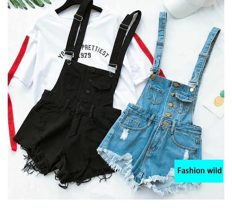 2017 New South Korea loose cowboy straps pants summer students high waist holes burr pants pants shorts tide (3)