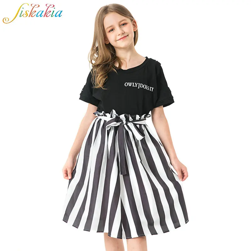 

Siskakia Girls 2 Pieces Set Summer 2019 Casual Black Short Sleeve T Shirt + Stripe Skirts Hollow Out Cold Shoulder Letter Print