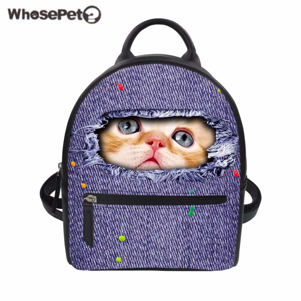 WHOSEPET Women Backpack Cute Cat 3D Print PU Leather Backpacks Kids