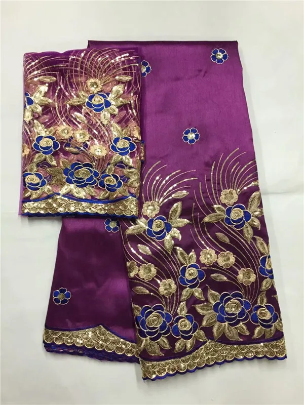 

African George Fabric High Quality Indian Raw Silk George Wrappers Hot Nigerian Lace Fabrics Set with Blouse for Wedding purple