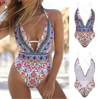 2019 Women One Piece New Swimsuit Floral Print Swimwear Push Up Padded Bikini Bandage Backless Beachwear High Waist Bathing suit
