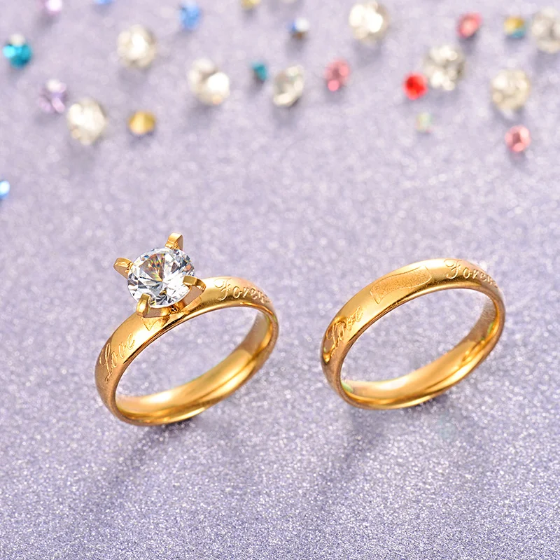 Love Forever Engrave Prong Setting Crystal Ring Gold Color 316L Stainless Steel Fashion Jewelry Solitaire Couple Ring For Women