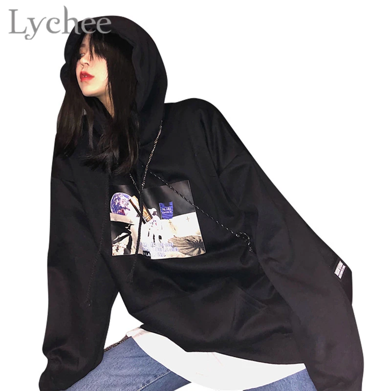 Women Cartoon Cat Print Long Sleeve Pocket Hooded Pullover