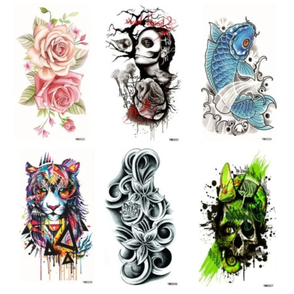 

5Pcs Tiger Skull Temporary Watercolor Tattoos Sticker Removable 3D Flowers Waterproof Tattoo Beauty Body Art Easy Wear and Clean