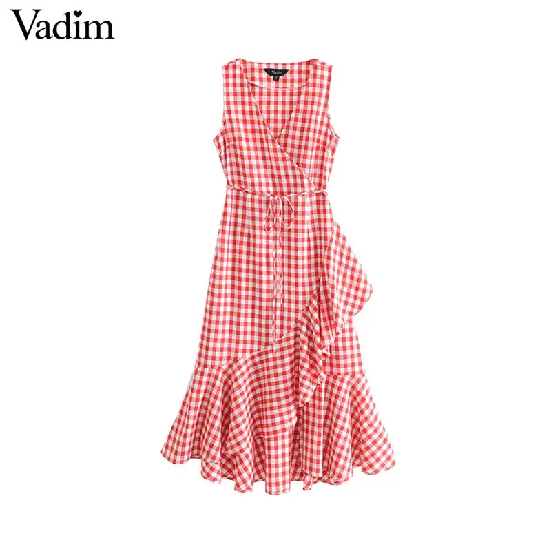 

Vadim women ruffled cross V neck plaid sleeveless dress bow tie sashes spilt female summer ankle length dresses vestidos QB947