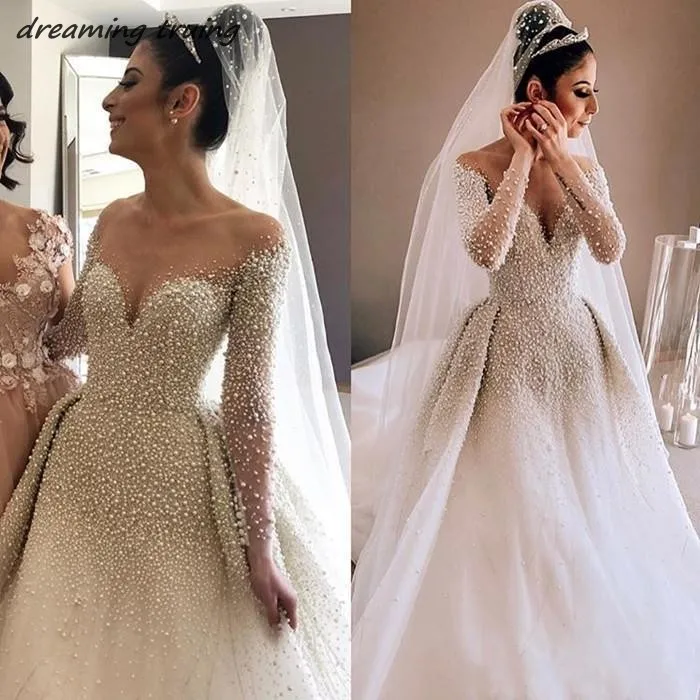 Южная Африка полный жемчуг Дубай блестящее бальное платье Свадебные платья с длинным рукавом Роскошные свадебные платья Vestidos De Novia