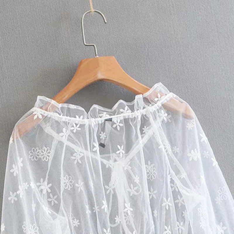 2018 Ins Summer New style see-through mesh embroidered lace blouse Sexy off shoulder Lace Blouse sunblock blouse 2 (6)