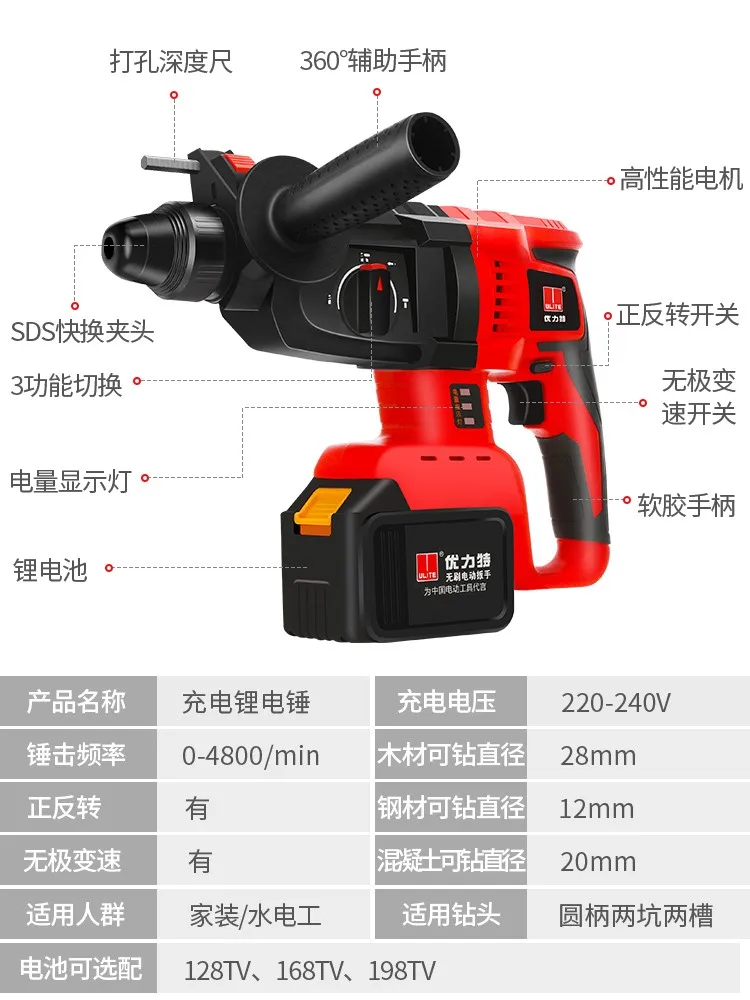 Ультра Wi-Fi бесщеточный двухцелевой высокой мощности сменная ударная литиевая батарея Зарядка бурильный молоток промышленная дрель