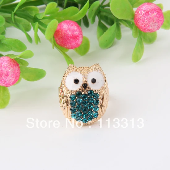 5Pcs/Lot Cute Owl Aquamarine Crystal Golden Finger Ring Alloy Adjustable Modern | Украшения и аксессуары
