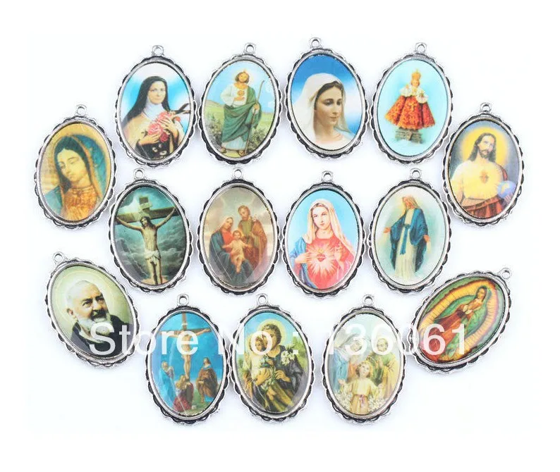 

Vintage Silver Catholicism Cross Medallion Christian Dangle Mix Frame Photo Virgin Mary&Jesus Charm Pendant For Bracelet Jewelry