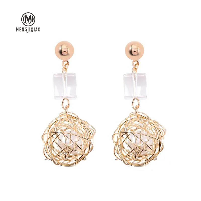 

MENGJIQIAO New Statement Bird Nest Drop Earrings Fashion Square Crystal Simulated Pearl Alloy Ball Long Pendientes 2018