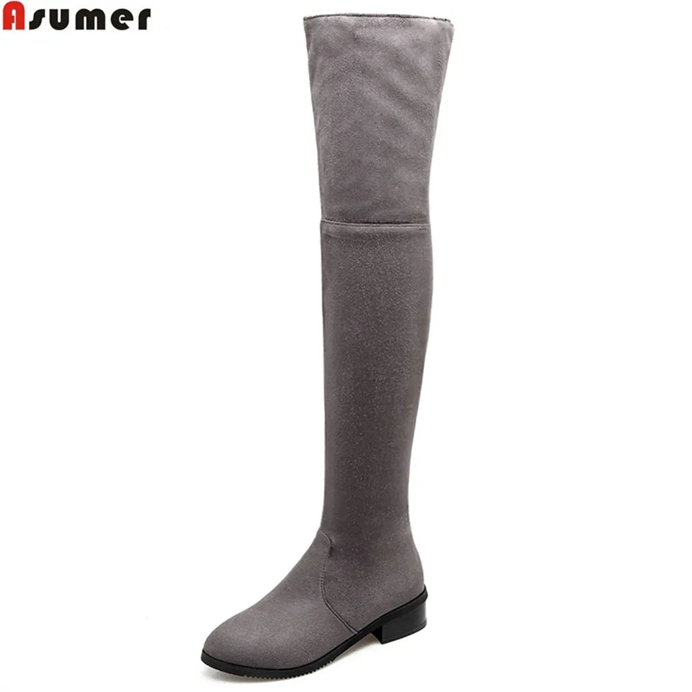 

Asumer fashion new women boots black gray zipper ladies autumn winter boots flock med heel over the knee boots big size 32-43