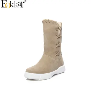 

Eokkar 2020 Women Mid Calf Boots Stretch Women Knight Boots Elastic Flock Snow Boots Lace Up Warm Women Boots Plush Size 34-43