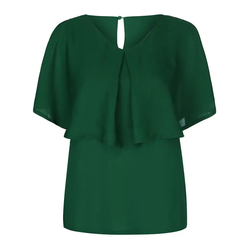 New Women Summer Fashion Office Ladies Elegant Vintage Solid O-Neck Cold Shoulder Overlap Blouse Ruffle Short Sleeve Top #4A23 (8)