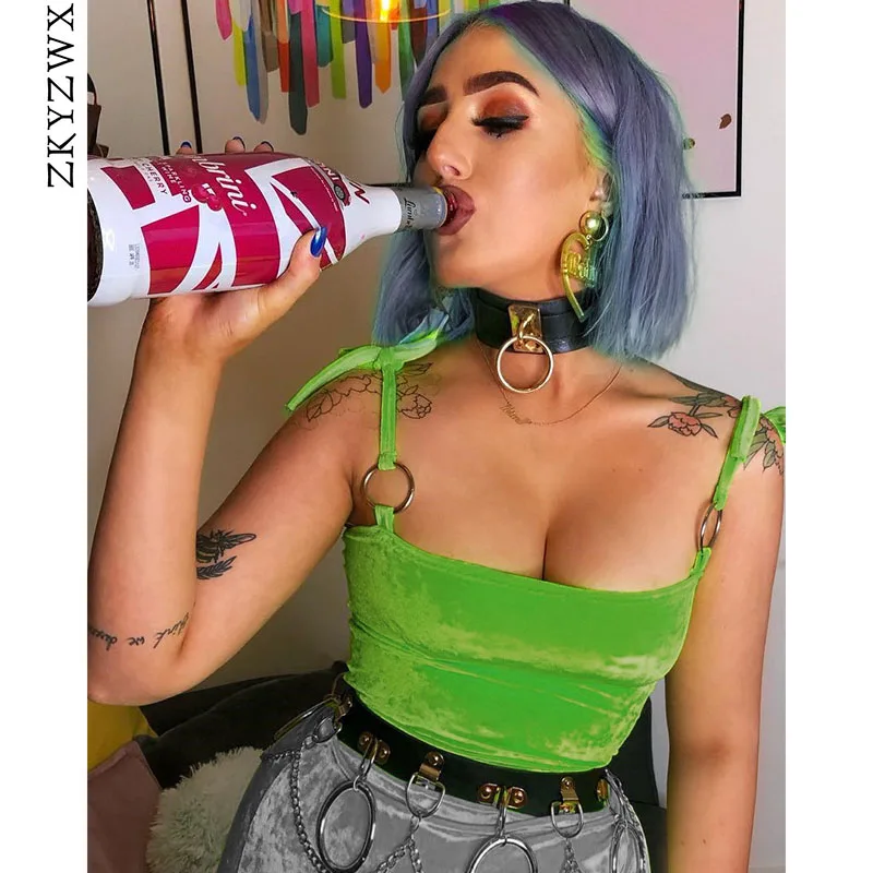 

ZKYZWX Neon Green Velvet Streetwear Caims 2019 Summer Sexy Tie Knot Metal Ring Tank Top Party Night Club Velour Women Crop Tops