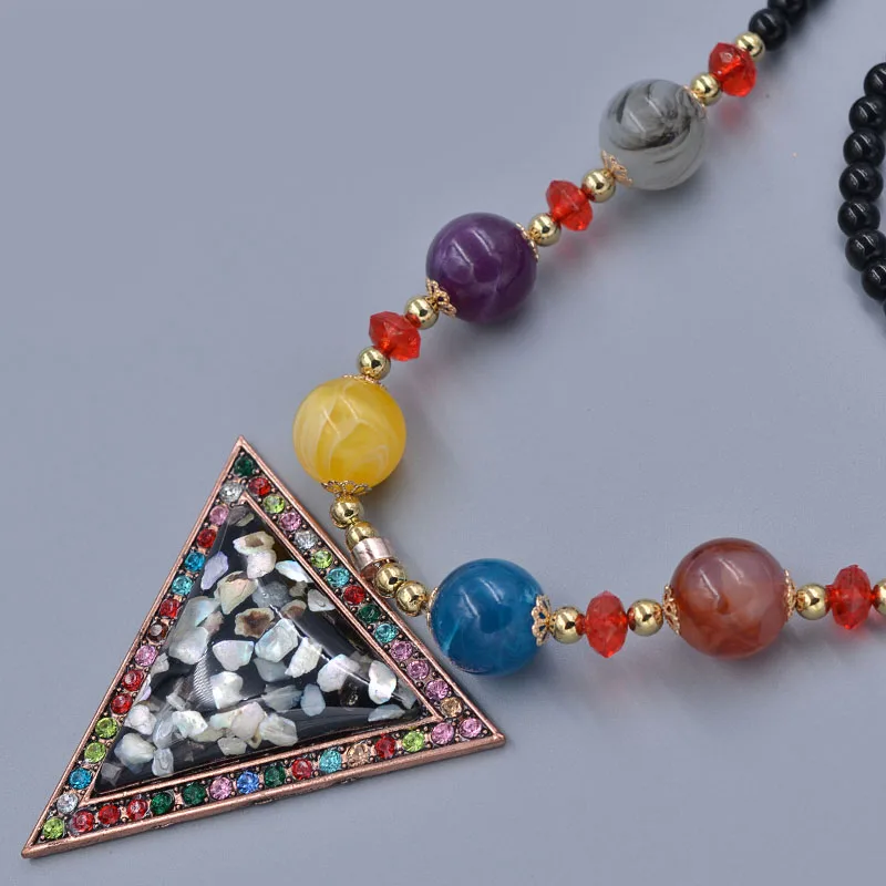 Crystal Studded Ethnic Style Beaded Triangle Shell Pendant Long Necklace Colorful India Retro Jewelry Women Treatment Necklaces | Украшения