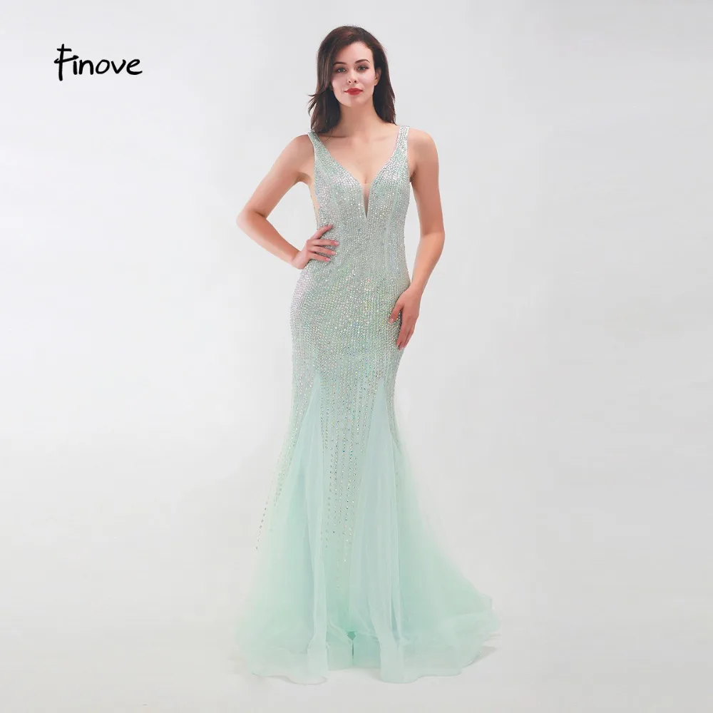 

Finove 2019 New Long Evening Dress Shiny Crystals Sexy V Neck Floor Length Mermaid Dress Elegant Women Dress vestido de fiesta
