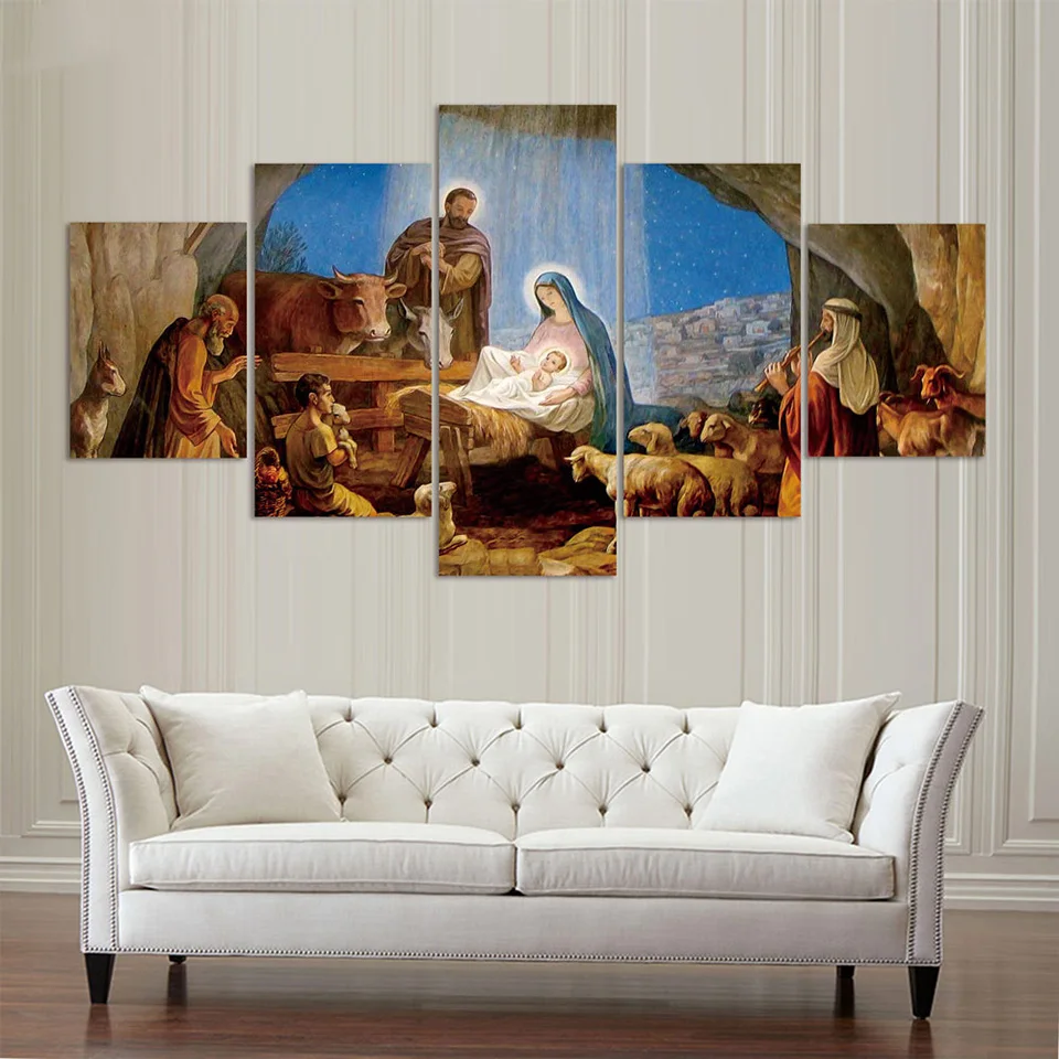 

Unframed Living Room Home Decor Painting Poster 5 Panels Birth Of Christian Jesus Modern Canvas Pictures HD Printed Wall Art