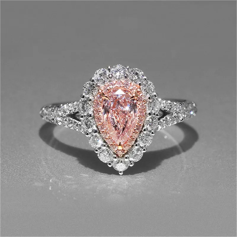 CC Гипербола Свадебные Кольца для Для женщин Серебряный Розовый Diamant кубического циркония капли воды Свадебные украшения роскошь темперамент кольцо cc1342