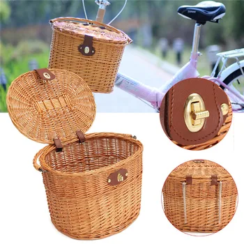 

Bike Handlebar Hanging Willow-baskets Wicker Bicycle Front Basket with Lid Shopping Stuff Box Pets Fruits Picnic Panier Osier