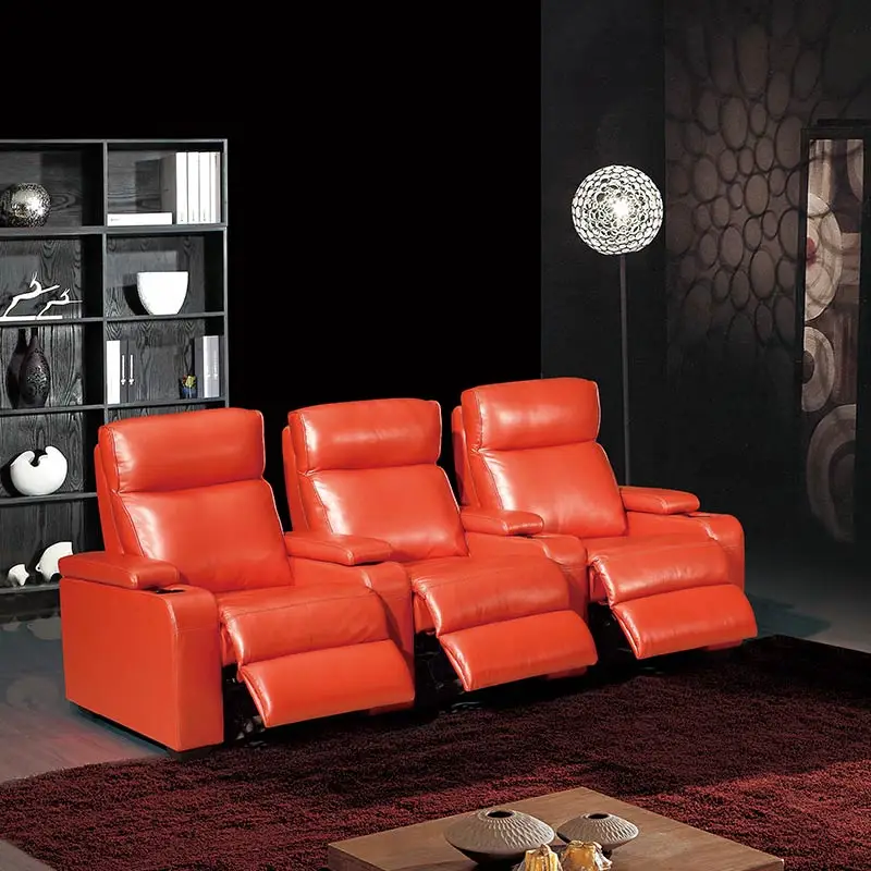 

Family cinema 3 seats bright orange leather electric sofa