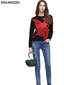 

2019 Autumn Women Print Red fish Embroidery Beaded Diamond Runway Knit Sweater Long Sleeve Pullovers Jumper Sweaters Tops Female