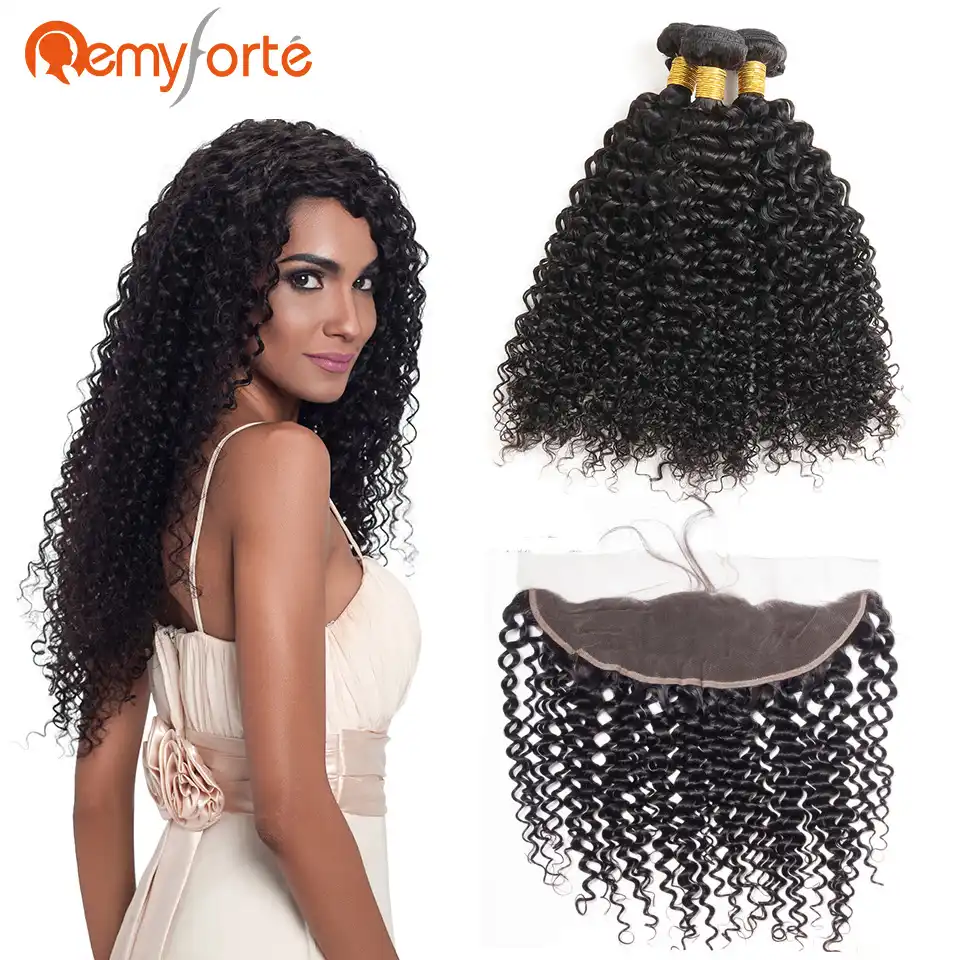 Remy Forte Human Hair Bundles With Closure Curly Human Hair Extension Wet And Wavy Human Hair Bundles With 13x4 Lace Frontal
