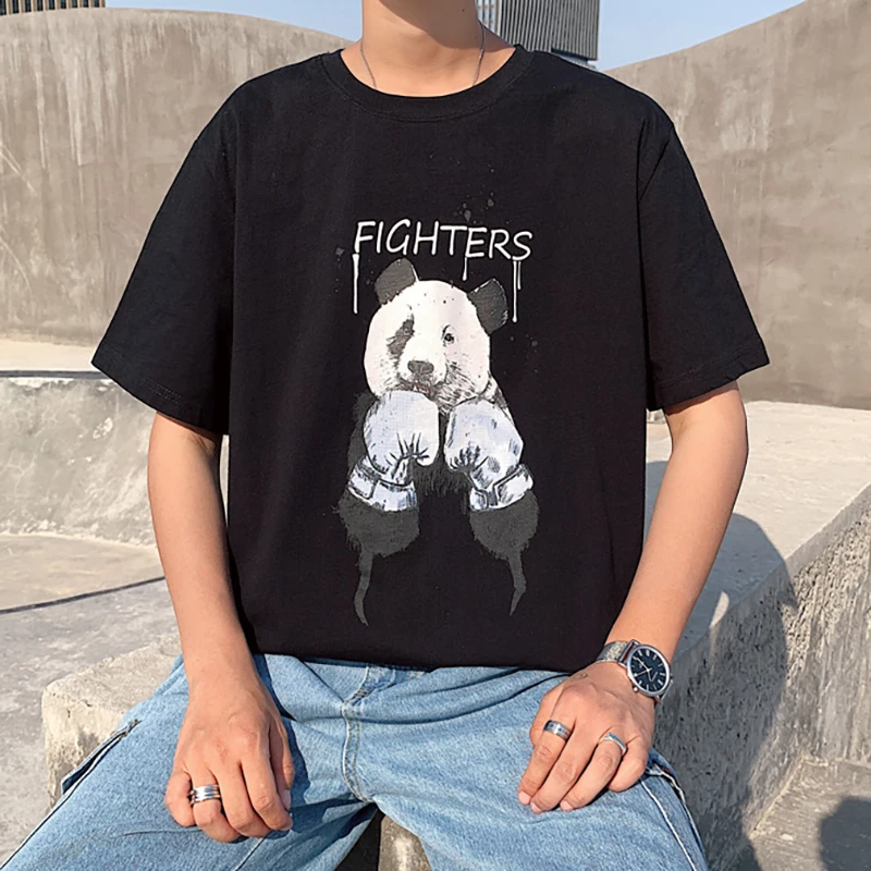 Короткий рукав хлопок смешно футболки мужские панда истребитель печати oversize 5xl в