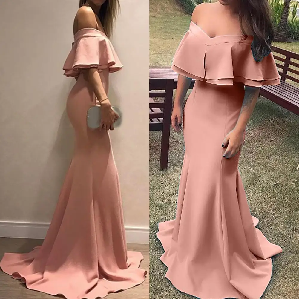 

Evening Party Women Off Shoulder V Neck Ruffled Bodycon Gown Maxi Dress