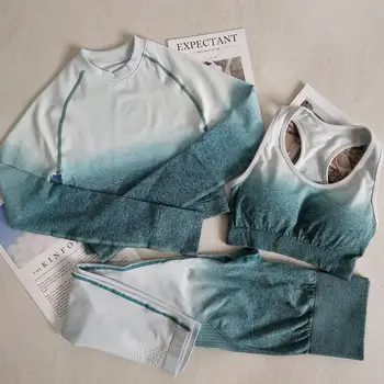 

3PCS Yoga Set Ombre Seamless Leggings Bra Long Sleeve Shirt Crop Top Women Running Gym Sportswear High Waist Fitness Sports Suit