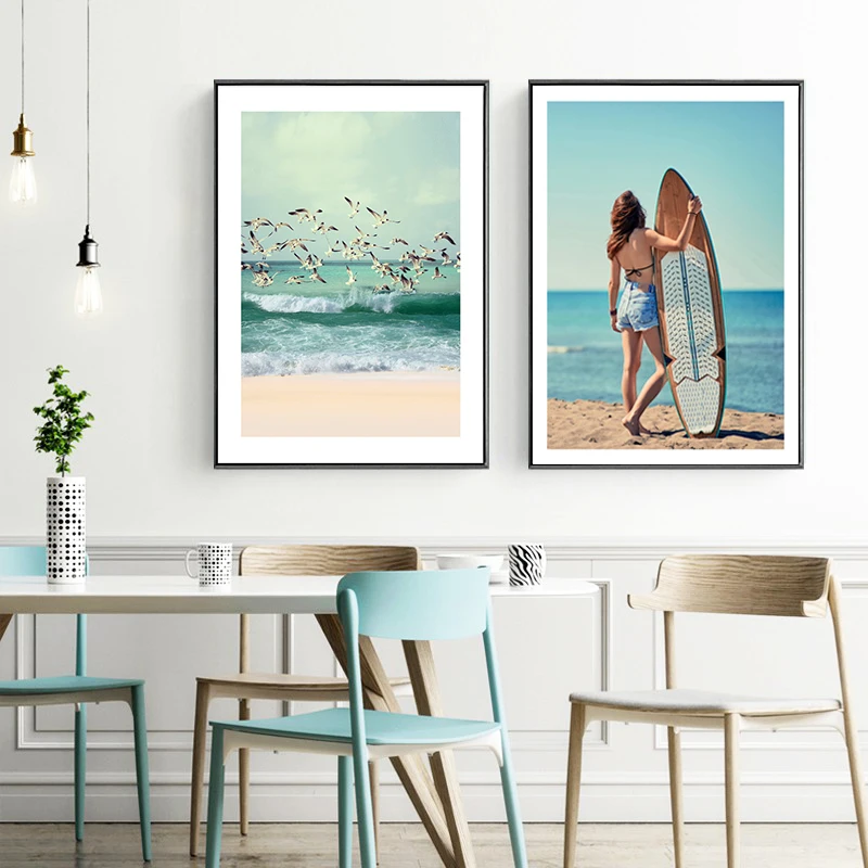 

Nordic Poster Seascape Seagull Paintings Sexy Girl Wall Print Beach Canvas Painting Sea Wall Pictures for Living Room Unframed