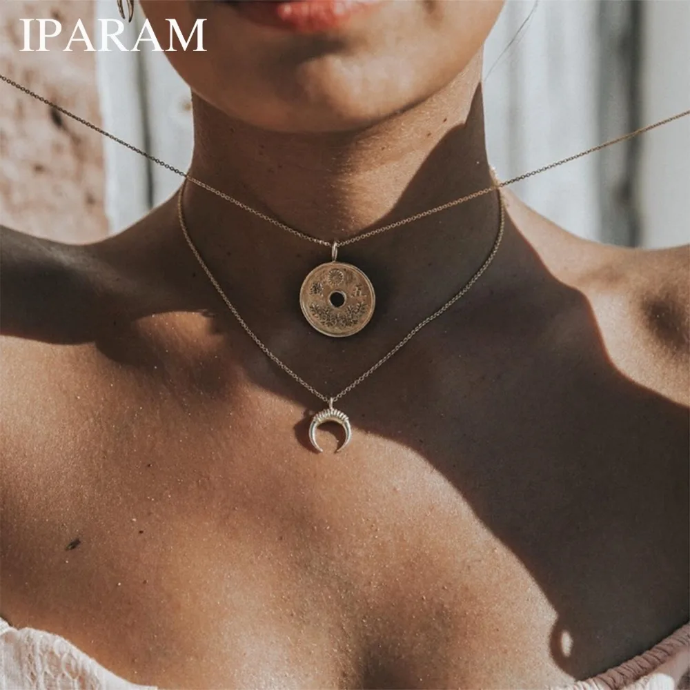 

2 Pcs/ Set Boho Moon Coin Flower Digital Chain Multilayer Pendant Gold Necklace Chocker collier femme collares collane Kolye