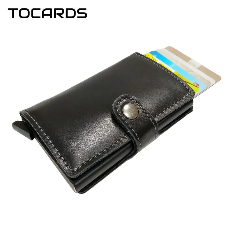 

RFID Automatic Men's 100% Genuine Leather Credit Card Holder Male Metal Aluminum Business ID Cardholder Slim Wallet Mini Purse