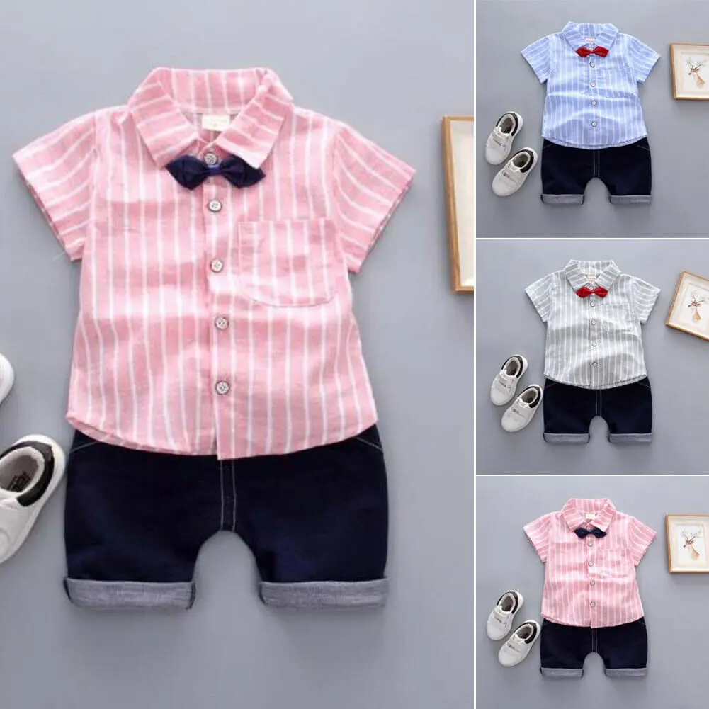 

Pudcoco 2019 Summer Newborn Baby Boy Stripe Bow Shirt Striped Gentle Tops+Pants Outfits 2Pcs Set Gentleman Clothes