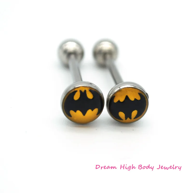 

HENGKE BAT Tongue bar Ring Straight Fashion Body Piercing Jewelry 14G Barbell 316L Surgical Steel Yellow LOGO 7mm logo 16mm