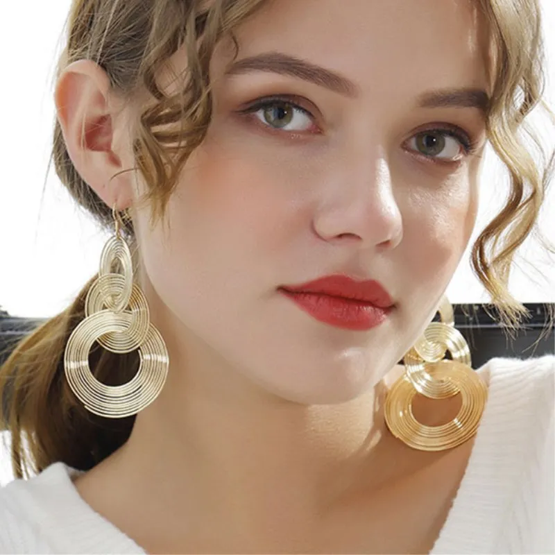 Ear Clip Earrings Punk Gold Color Big Geometric 3 Circle Long For Women Bohemian Party Exaggerated Fashion Jewelry