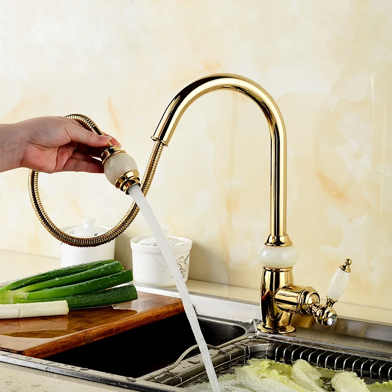 Fapully Gold Kitchen Mixer Pull Out Spray Head Faucet Jade Crystal Handle Deck Mounted Kitchen Taps Brass Sink Body Mixer 549-33